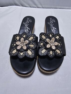 Brighton Black Slip-On Mules with Floral Appliqués